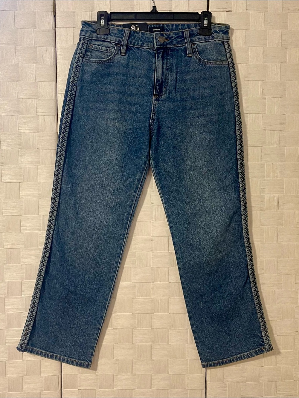 Express Women's Dark Blue Straight-Leg Ankle Jeans with Braided Side Trim